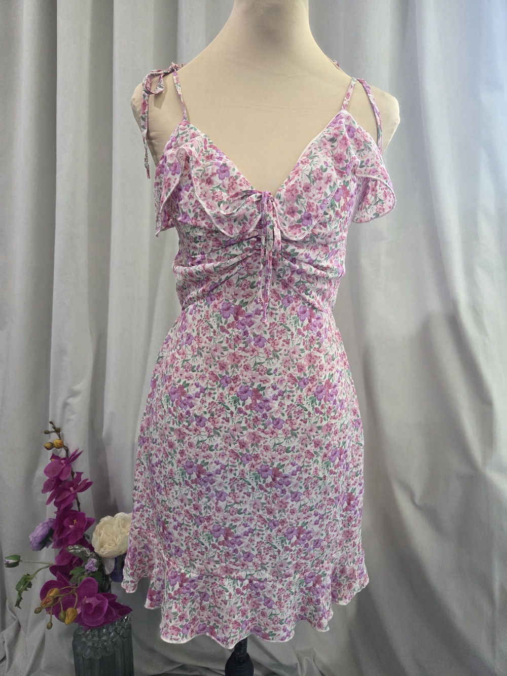 Inspired Hearts Pink Floral Ruched Tie-Front Mini Dress